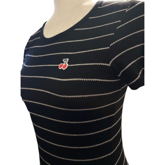 Sundry Black/Gray Stripe Waffle Knit Dress with Cherry Appliqué, Size Small NWT - Picture 3 of 7